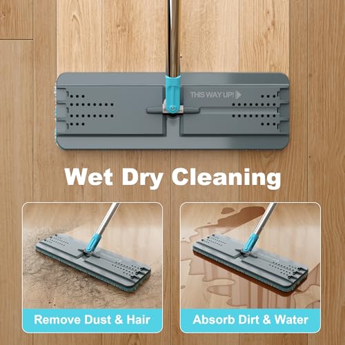 JOYMOOP Flat Mop, Microfiber Floor Cleaner with 60" Long Handle and Flexible 13" Head, Grey & Cyan Blue - color: Grey & Cyan Blue, size: 60" Mop with 13" Mop-head