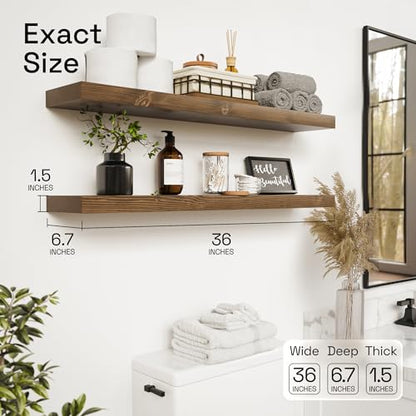 Solid Wood Floating Shelves for Wall 36 Inches Long, Walnut Wooden Shelf | Real Wood, Heavy Duty, Wall Mounted, Bedroom Bathroom Kitchen Living Room Rustic, Walnut Finish, 36W × 6.7D, Set of 2 - color: Walnut, size: 36 Inch