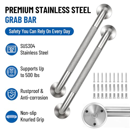 MrHAND Knurled Brushed Stainless Steel Grab Bars, 2 Pack 16 Inch | SUS304, Stain Finish, Sturdy & Stable Handicap Grab Bars, Wall Mounted Shower Grab Bars, Safety Hand Rails, ADA Compliant - color: Satin, size: 16 Inch