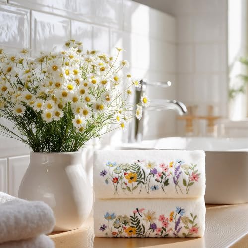 SmoothNovelty 2 Pcs Boho Floral Hand Towels Cream Bathroom Decor 14x29 Inch Embroidered 100% Cotton Soft Absorbent Spring Summer Decorative Hand Towels for Bathroom Kitchen - style: Boho Floral