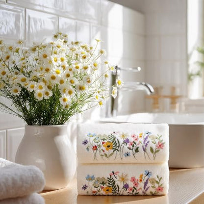 SmoothNovelty 2 Pcs Boho Floral Hand Towels Cream Bathroom Decor 14x29 Inch Embroidered 100% Cotton Soft Absorbent Spring Summer Decorative Hand Towels for Bathroom Kitchen - style: Boho Floral