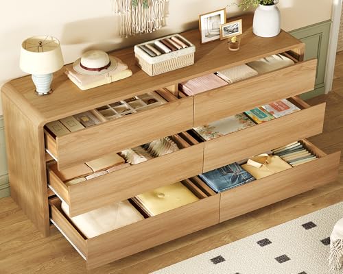 55" Dresser for Bedroom with 6 Drawers, Dressers & Chests of Drawers with Curved Profile Design, 6 Drawer Dresser, Bedroom Dressers, Wood Dressers for Bedroom, Hallway, Natural - color: Natural, 6 Drawers