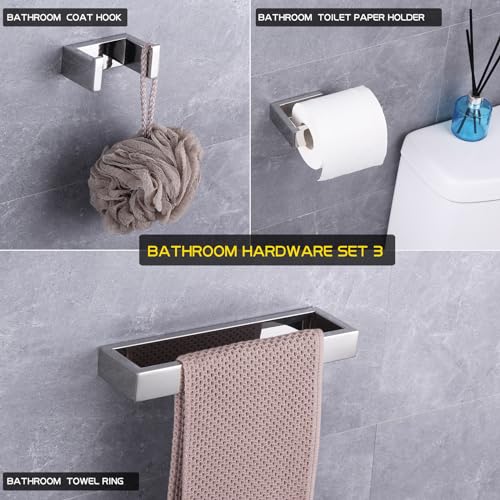 GERZWY 3-Piece Bathroom Accessory Set SUS 304 Stainless Steel Toilet Paper Holder Towel Ring Towel Hooks Wall Mount, Polished Finish HG1708-3JG - color: Polished