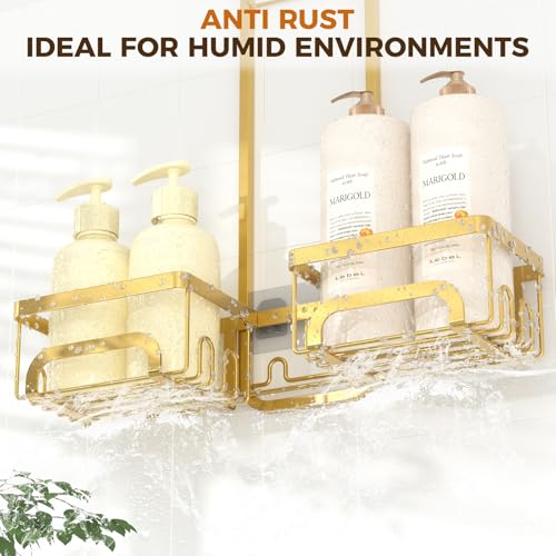 REINHARDT Split Shower Caddy Hanging for Handheld Showerheads, Gold | Adjustable Shower Organizer, Rustproof, 16 Hooks, Soap Holder, 40lbs Capacity, Anti-Slip, Tool-Free, Bathroom Accessories - color: Gold