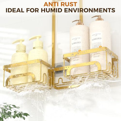 REINHARDT Split Shower Caddy Hanging for Handheld Showerheads, Gold | Adjustable Shower Organizer, Rustproof, 16 Hooks, Soap Holder, 40lbs Capacity, Anti-Slip, Tool-Free, Bathroom Accessories - color: Gold