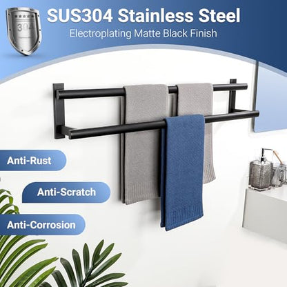 SAYAYO Double Towel Bar for Bathroom, 31.5 Inch Matte Black Bath Towel Rack Towel Holder Wall Mounted, SUS304 Stainless Steel - color: Matte Black, size: 31.5 Inch