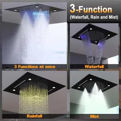 Enga Luxury Dual Shower Head System with Body Jets LED Thermostatic Shower System with 6 inch Wall Shower, 20-Inch 3 Function Shower Head (Rainfall & Mist & Waterfall), Matte Black - color: Matte Black, style: 20" Head (Rain + Mist+Waterfall) - 6" Head+Je