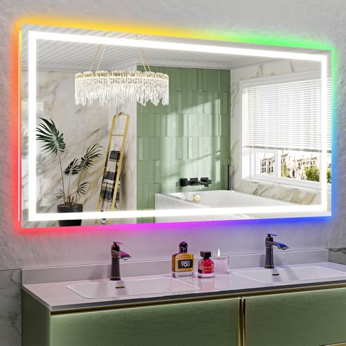68x38 Inch RGB LED Bathroom Mirror Front Light and RGB Backlit Lighted Vanity Mirror for Bathroom Wall Mounted Dimmable Anti Fog Memory Shatter-Proof IP54 Waterproof Horizontal/Vertical - color: Rgb Backlit+front Lit, size: 68"L x 38"W