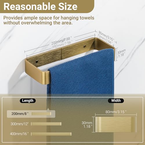 SAYAYO Brushed Gold Hand Towel Holder for Bathroom Wall, 8 Inch Self Adhesive Towel Bar Hand Towel Rack Square Heavy Duty - color: Gold, size: 8 Inch