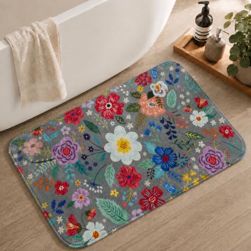 Floral Bathroom Rugs Cute Bath Mat Small, Flower Rug Non Slip Washable Bath Rugs, Soft Shower Rug for Bathtub Floor Decor - color: Grey, size: 1'5" x 2'3" (Rectangular)