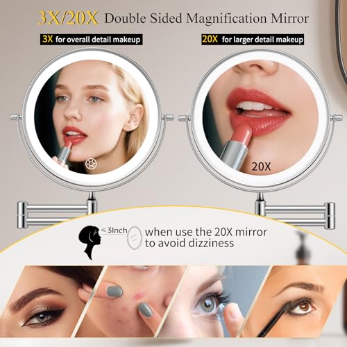FUNTOUCH 5000mAh Rechargeable Wall Mounted Makeup Mirror with Lights 3X/20X | Double Sided Magnifying,3 Color Lights,Touch Dimmable, Extended Arm 360 Rotation Lighted Bathroom Mirror with Magnification - color: Chrome