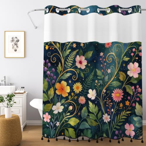 Boho Floral No Hook Shower Curtain with Snap in Liner & Tassels | Double Layer Waterproof & Mesh Top, Whimsical Dark Botanical & Wildflower Design for Modern Bohemian Style Bathroom, 71Wx77L - color: Whimsical Flowers