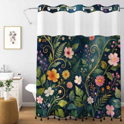 Boho Floral No Hook Shower Curtain with Snap in Liner & Tassels | Double Layer Waterproof & Mesh Top, Whimsical Dark Botanical & Wildflower Design for Modern Bohemian Style Bathroom, 71Wx77L - color: Whimsical Flowers