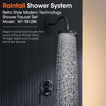 Rainfall Shower System Shower Faucet Set, Luxury, Antique, Matte Black | 9 Inch Shower Head and Handheld Spray, Pressure Balance Valve, Wall Mounted, Bathroom, Shower Trim Kit - color: Matte Black, style: With Handheld