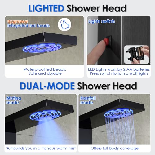 ROVOGO Shower Panel Tower System with Led Lights, 5 Shower Modes, 46.5 Inch | Rainfall Mist Shower Head, 3 Body Jets, Handheld, Waterfall Tub Spout, Stainless Steel Shower Column with Mixing Valve, Black - style: 46.5" Black