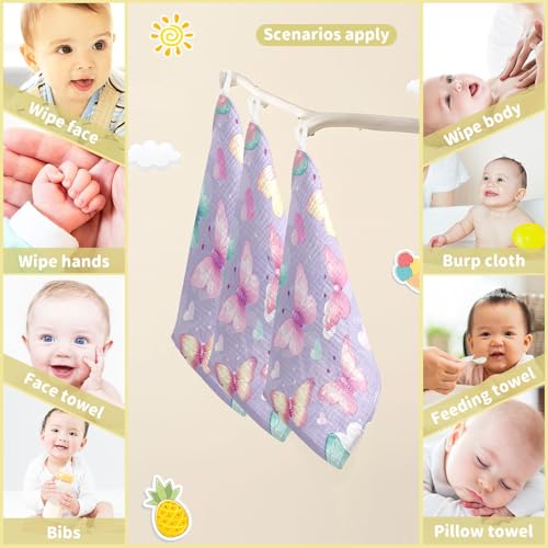 YETTASBIN Butterfly Muslin Baby Hand Washcloths, Soft Cotton Bath Face Towel, 4 Layers Extra Absorbent Feeding Burp Cloth for Newborn Infant, 5 Pack - size: 12 Inch x 5 Pack
