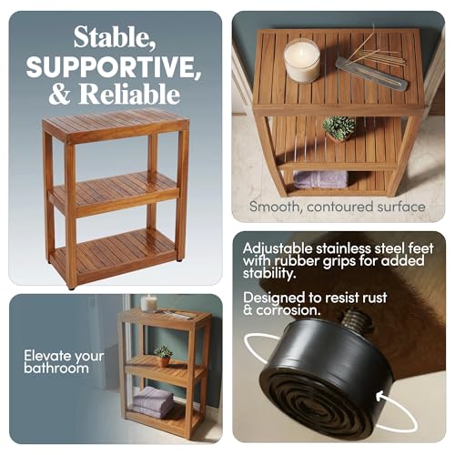 AquaTeak 12" Original Sula Rectangle Teak Bathroom Stand - Shower Stand with 3 Tier Shelf - Durable Water Resistant Shower Organizer - Space-Saving Storage Shelves with Anti-Slip Feet