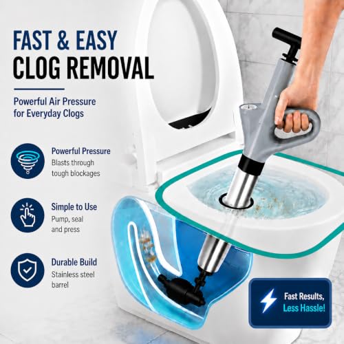 Toilet Plunger, High Pressure Air Toilet Unclogger, Heavy Duty for Bathroom | Splash-Free Toilet Clog Remover, with Real-Time Pressure Gauge, Powerful Air for Bathroom, Toilets, Sinks and Plumbing Clogs