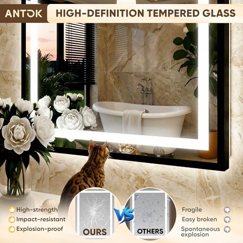 Antok 48X32 LED Bathroom Mirror with Lights, Vanity Mirror for Wall with Black Frame, Touch Control, Anti-Fog, Dimmable Lights, Shatter-Proof, Memory Function, Wall-Mounted Vanity Mirrors - size: 48"L x 32"W