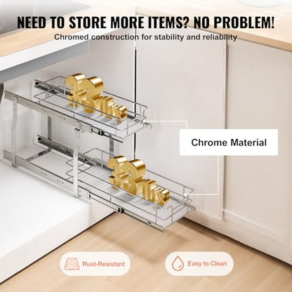 VEVOR Pull Out Cabinet Organizer,8.5" W x 21" D x15.2 HHeavy Duty Slide Out Pantry Shelves, Chrome-Plated Steel Roll Out Drawers for Home, 10" Wx22 Dx19 H Inside Kitchen Cabinet, Bathroom, Under Sink - size: 8.5"W x 21"D x15.2"H