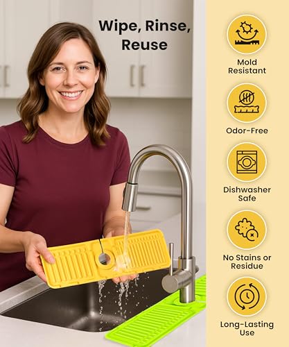 Sink Splash Guard – Pack of 2 Silicone Faucet Mats Non-Slip Foldable Drip Catcher for Kitchen & Bathroom, Green & Yellow 15.7 x 4.7 in Dish Soap & Sponge Hand Sanitzer Organizer Moho Prevention