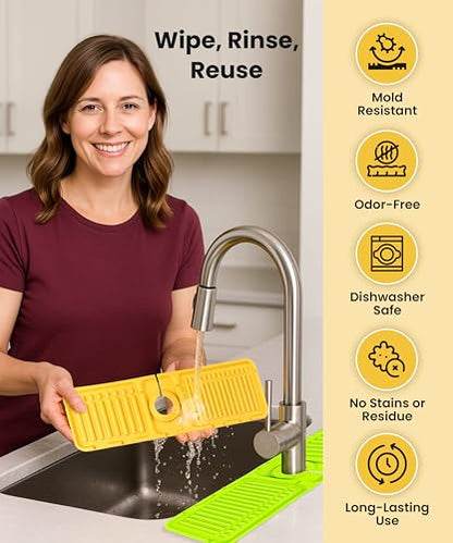 Sink Splash Guard – Pack of 2 Silicone Faucet Mats Non-Slip Foldable Drip Catcher for Kitchen & Bathroom, Green & Yellow 15.7 x 4.7 in Dish Soap & Sponge Hand Sanitzer Organizer Moho Prevention