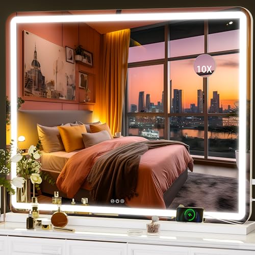 Hasipu Vanity Mirror with Lights, 39.4" x 30" LED Makeup Mirror, Lighted Makeup Mirror with Dimmable 3 Modes, Touch Screen Control Vanity Mirror Round White - color: White, size: 39.4"L x 30"W