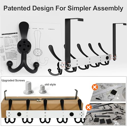 Over Door Hook 2.0 - Upgraded Version - Simple-Assembly, Strong, Heavy-Duty Stainless Steel 5-Tri-Hook Over The Door Hanger Rack, SimpleStrong Series, White & Black, Pack of 2 - color: White & Black