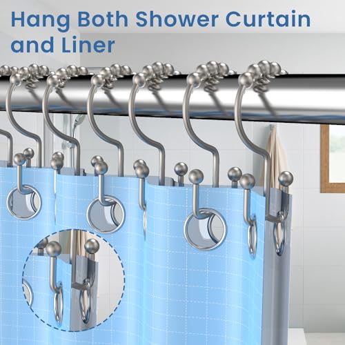Matte Nickel Shower Curtain Hooks Double Sided with Roller Balls | for Bathroom Rods, for Shower Curtain and Liner, Smooth Gliding, Rustproof Metal, Set of 12 Hooks - color: Matte Nickel