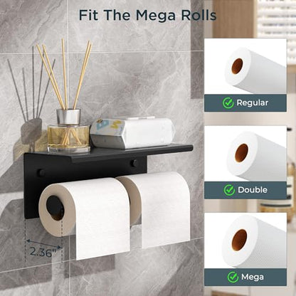 FORIOUS Toilet Paper Holder with Shelf, Commercial Toilet Paper Dispensers | Matte Black | Wall Mount Bathroom Tissue Holder | SUS304 Stainless Steel Rustproof | Double Tissue Roll Holder - color: Matte Black