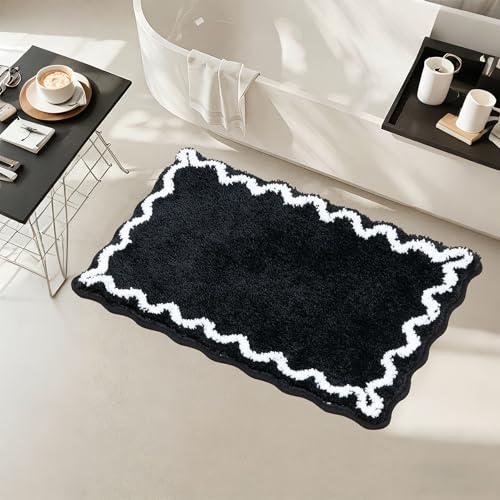ORTIGIA Black Bath Mat with White Scallop Non Slip, Quick Dry Bath Rug Absorbent Soft Plush Microfiber Bathmat for Bathroom Floor Carpet for Sink Bedroom, 17x24 - color: Black, size: 1'5" X 2'(rectangular)