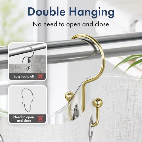 Bathway Shower Curtain Hooks Gold Shower Curtain Rings, 12 Pcs Double Hook Shower Curtain Hooks Rings Shower Curtain Hangers Rust Proof, Metal Shower Hooks for Bathroom Shower Curtain Rod - color: Gold, style: Minimalist