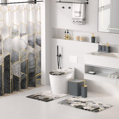 XLHOMO Bathroom Set - 26PC Bathroom Set with Shower Curtain and Rugs, Bathroom Accessory Set, Grey Bathroom Accessories Set, Trash Can & Soap Dispenser - style: Grey&Gold