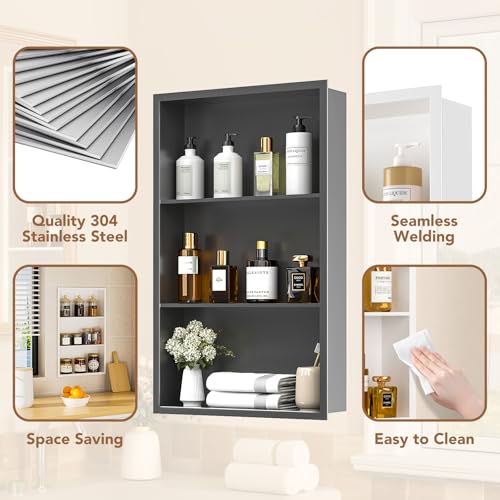 14x24 Recessed Medicine Cabinet, Bathroom Wall Cabinet, 304 Stainless Steel Recessed Wall Niche with 3-Tiers Shelves, Matte Gray - color: Matte Gray, size: 14'' x 24''
