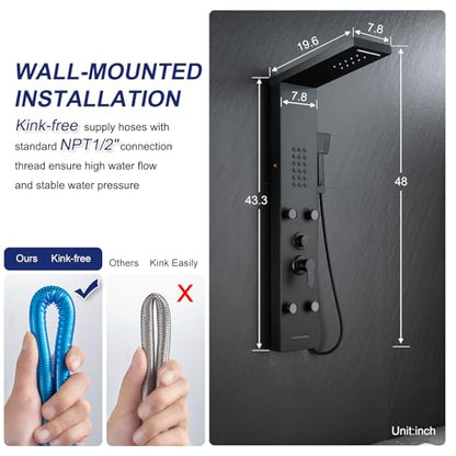ROVATE 5 in 1 LED Rainfall Waterfall Shower Panel, Matte Black | High Pressure Stainless Steel Shower Tower with 4 Angle Adjustable Body Jets, Flexible Handheld, Waterfall Tub Spout
