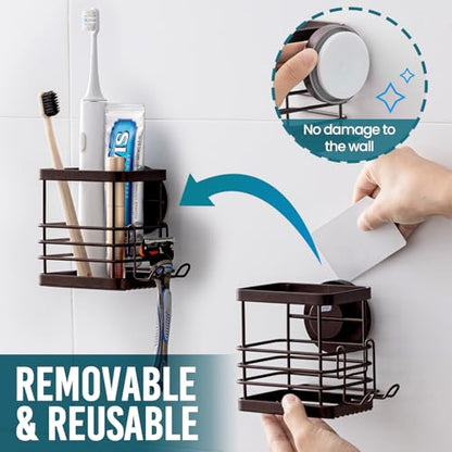 TAILI Patented Suction Cup Toothbrush Holders for Bathrooms, Brown | Stainless Steel Toothpaste Holder with Razor Hook, Strong Suction Up to 11lbs, Anti-Puddling, No Drill Removable & Reuseable - color: Brown