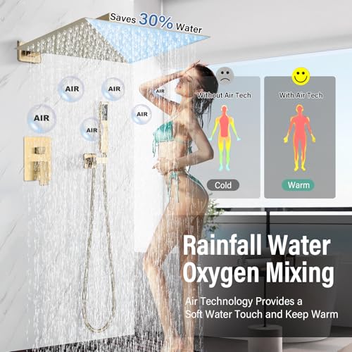 Shower Faucet Rain Shower System with 12 Inches Rainfall Shower Head and Handheld Spray Combo Bathroom Shower Faucet Set Complete Brushed Gold Shower Valve and Trim Kit Wall Mounted - color: Brushed Gold, size: Brushed Gold-12''