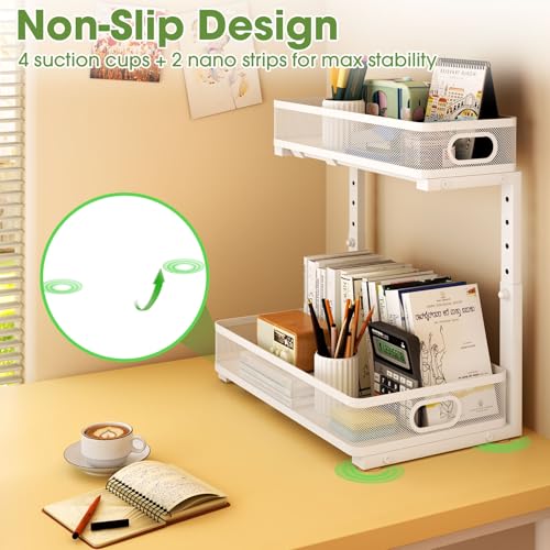 Under Sink Organizer 2-Pack, Metal 2-Tier Pull-Out Cabinet Shelf with Slide-Out Mesh Drawers, Height Adjustable, Space-Saving Under Sink Storage Racks for Kitchen, Bathroom, Laundry Room, White - color: White