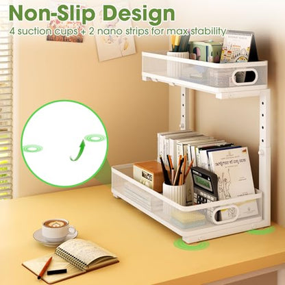 Under Sink Organizer 2-Pack, Metal 2-Tier Pull-Out Cabinet Shelf with Slide-Out Mesh Drawers, Height Adjustable, Space-Saving Under Sink Storage Racks for Kitchen, Bathroom, Laundry Room, White - color: White
