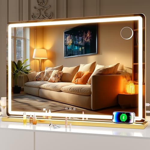 Hasipu Vanity Mirror with Lights, 31.5" x 20" LED Makeup Mirror, Lighted Makeup Mirror with Dimmable 3 Modes, Touch Screen Control Vanity Mirror Round Gold - color: Gold, size: 31.5"L x 20"W