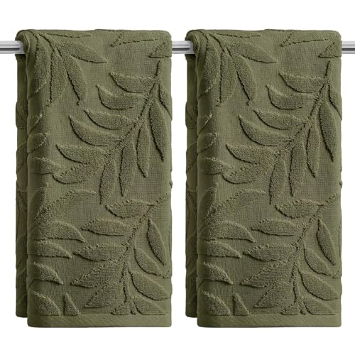 Artoid Mode 2 Pcs Olive Green 3D Leaves Jacquard Hand Towels for Bathroom, 100% Cotton Soft Absorbent Bathroom Decor Towels, 13.7 x 29.5 Inch - color: Olive Green, size: 13.7" x 29.5", 2PCS