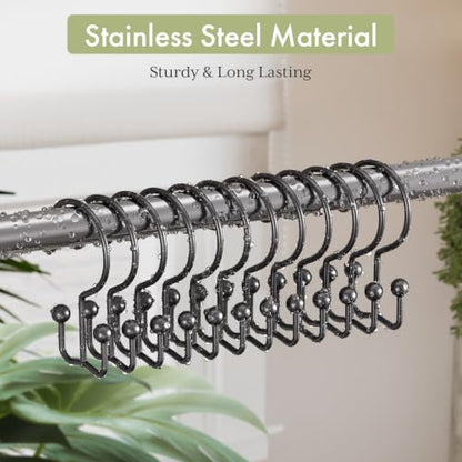 Shower Curtain Hooks Black Double Shower Curtain Hooks, Shower Curtain Rings Sturdy Stainless Steel Shower Hooks for Bathroom Shower Curtain Rod, 12Pcs Shower Curtain Hangers - color: Black, style: Double Hooks-2