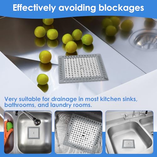 4 Pack Drain Hair Catcher, 4.8" Square Shower Drain Cover, 304 Stainless Steel Drain Strainer with Non-Slip Silicone Edge for Bathroom Floor Drain, Sink, Bathtub and Laundry