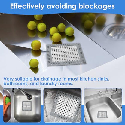4 Pack Drain Hair Catcher, 4.8" Square Shower Drain Cover, 304 Stainless Steel Drain Strainer with Non-Slip Silicone Edge for Bathroom Floor Drain, Sink, Bathtub and Laundry