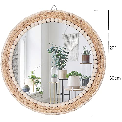 OYPEIP 20”Large Nature Rattan Boho Innovative Art Decoration Round Makeup Mirror Dressing Bedroom Bathroom Wall Mounted Hanging Mirrors Craft Photo Props…