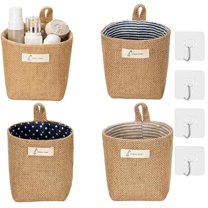 4 Pack Wall Hanging Storage Bags Hanging Storage Bags Cotton Linen Storage Basket Foldable Wall Hanging Basket Family Organizer Box Decorative Bag (Brown)3.93 * 3.93 * 5.31