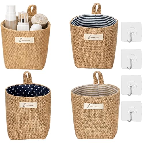 4 Pack Wall Hanging Storage Bags Hanging Storage Bags Cotton Linen Storage Basket Foldable Wall Hanging Basket Family Organizer Box Decorative Bag (Brown)3.93 * 3.93 * 5.31