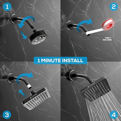 SparkPod Rain Shower Head, 6 Inch Square, Midnight Black Matte Finish | High Pressure Shower Heads, 90 Nozzles, Adjustable Showerhead, No Tools Needed, Universal Connection - color: Midnight Black Matte, style: 6 Inch Square