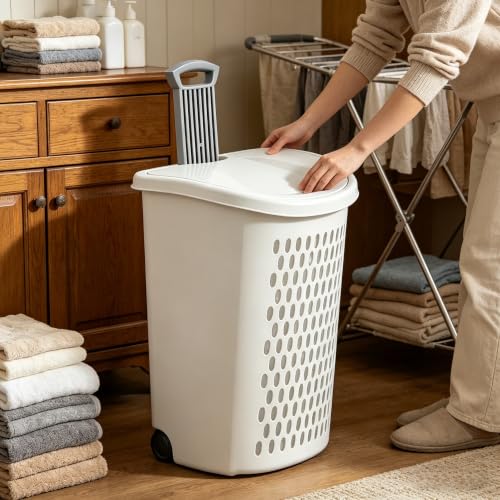 White Laundry Basket, Lid & Wheeled Plastic Laundry Hamper, Hamper with Retractable Handle, Rolling Laundry Hamper for Room, Bathroom, Dormitory, Bedroom