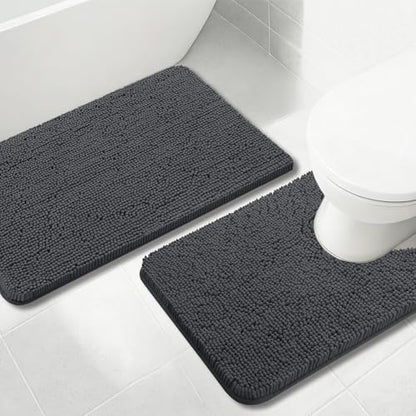 Bathroom Rug Sets 2 Piece, Extra Thick and Absorbent, Non-Slip, Machine Washable, Dry Quckily, Soft Cozy Plush, Used Under Shower Bathtub and Sink, Dark Grey - color: Dark Grey, size: 20 x 32 inch + 20 x 20 inch (U-Shape)